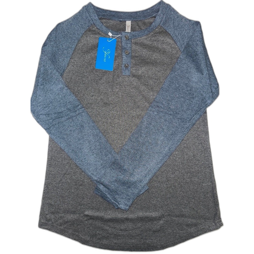 New Women's Long Sleeved Gray & Blue Henley Shirt - Small
